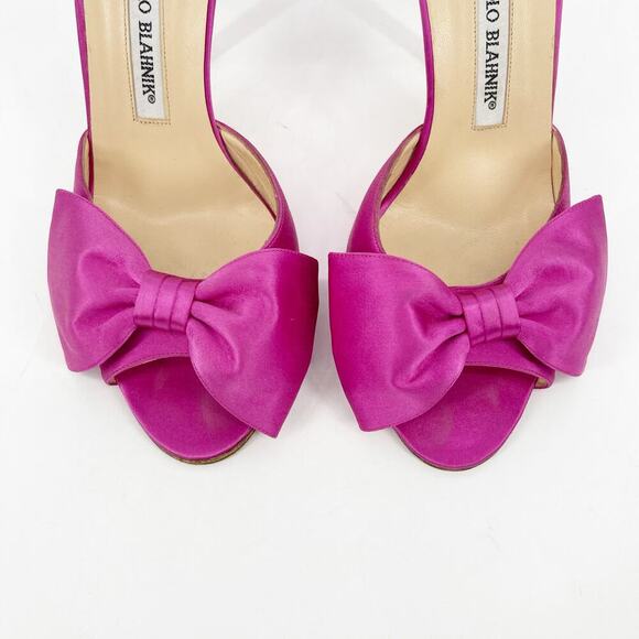 Manolo Blahnik Fuchsia Pink Silk Satin Bow Detail Peep Toe D'Orsay Pump IT 38 - Picture 7 of 14